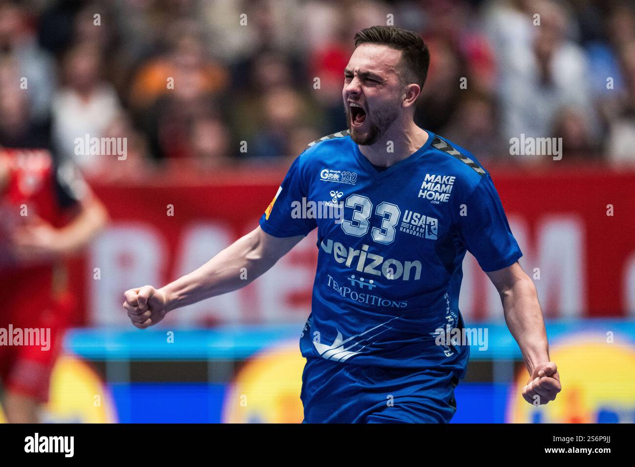 250117 Samuel Hoddersen of USA celebrates during the 2025 IHF World Men