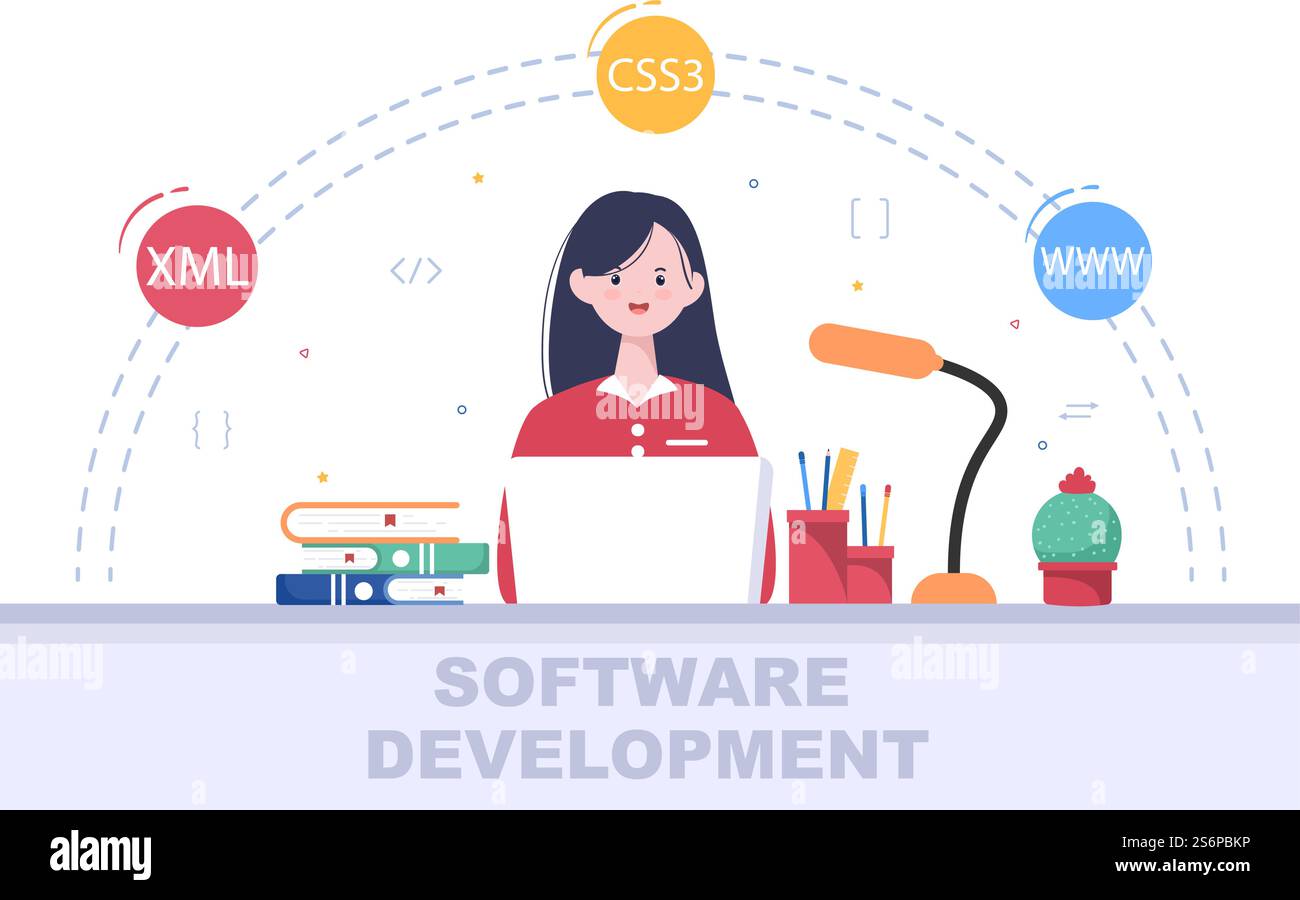 Software Development and Programming Code on Computer Vector Illustration for Technology, Engineer Team, coding, Marketing Material, Business and Presentation Stock Vector