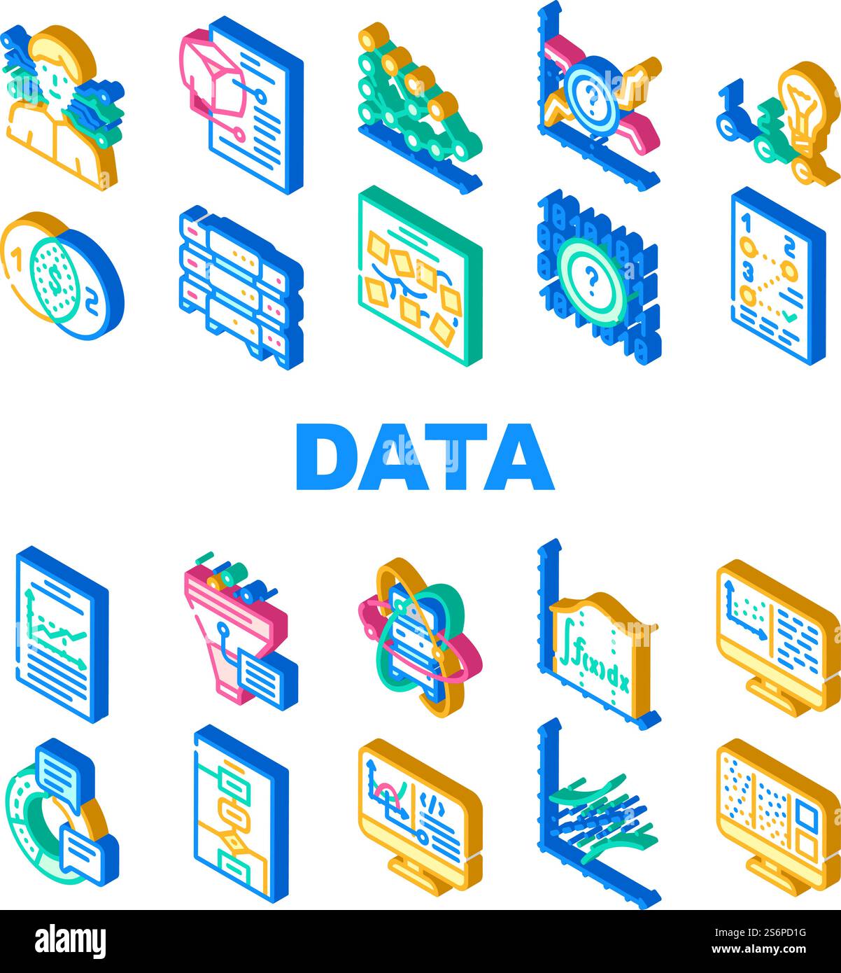 Data Science Innovate Technology Icons Set Vector. Analysis And Research Data Science, Software Algorithm And And Programming, Quantum Computer And Server Isometric Sign Color Illustrations. Data Science Innovate Technology Icons Set Vector Stock Vector