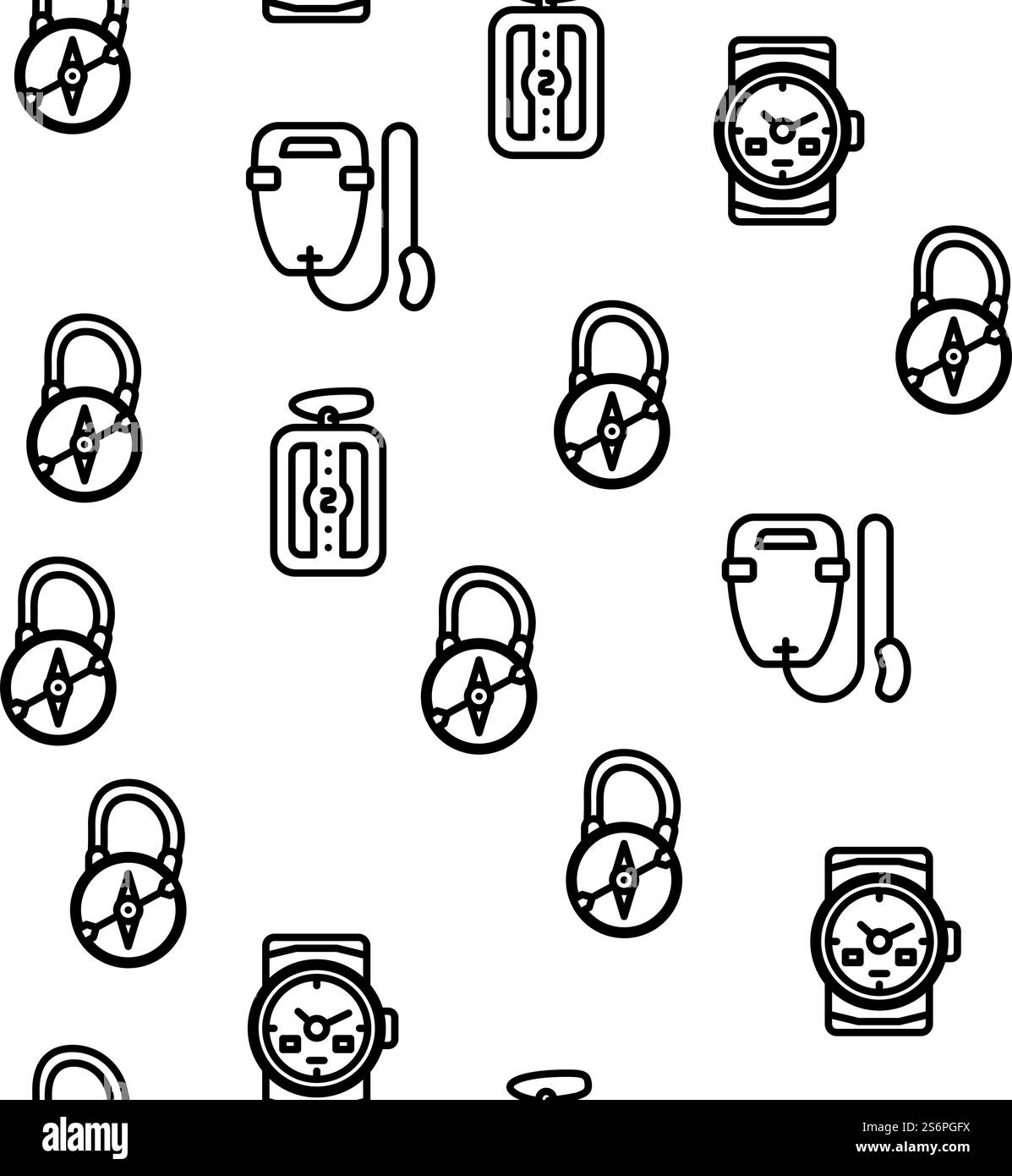 Diving Equipment And Accessories Vector Seamless Pattern Thin Line Illustration. Diving Equipment And Accessories Vector Seamless Pattern Stock Vector