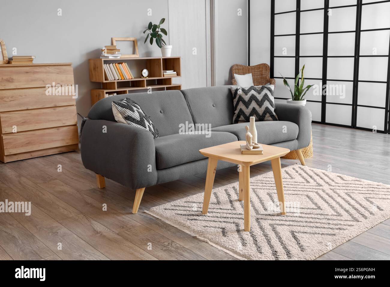 Cozy sofa, coffee table and bookcases in interior of living room Stock ...