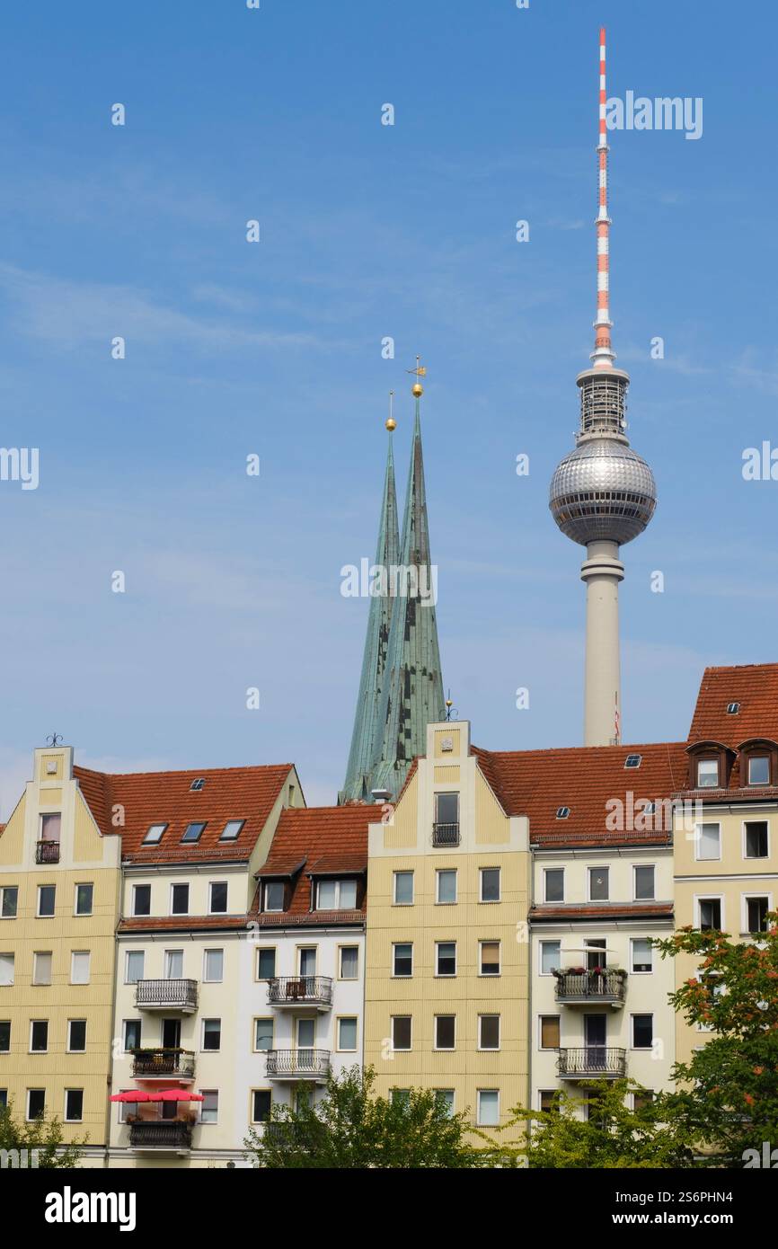 Germany, Berlin, Nikolaiviertel, Towers of the Nikolaikirche and television tower Stock Photo