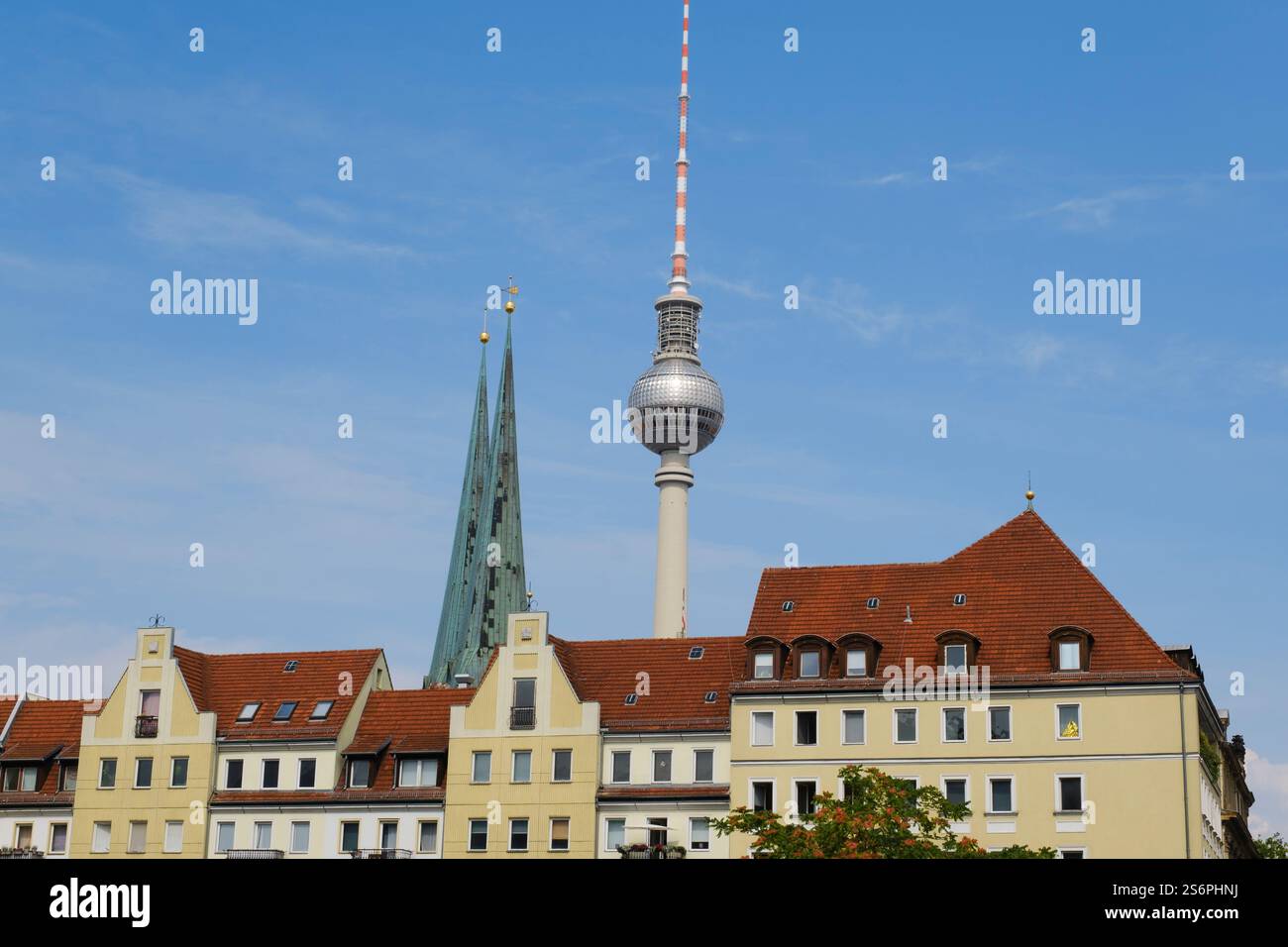 Germany, Berlin, Nikolaiviertel, Towers of the Nikolaikirche and television tower Stock Photo