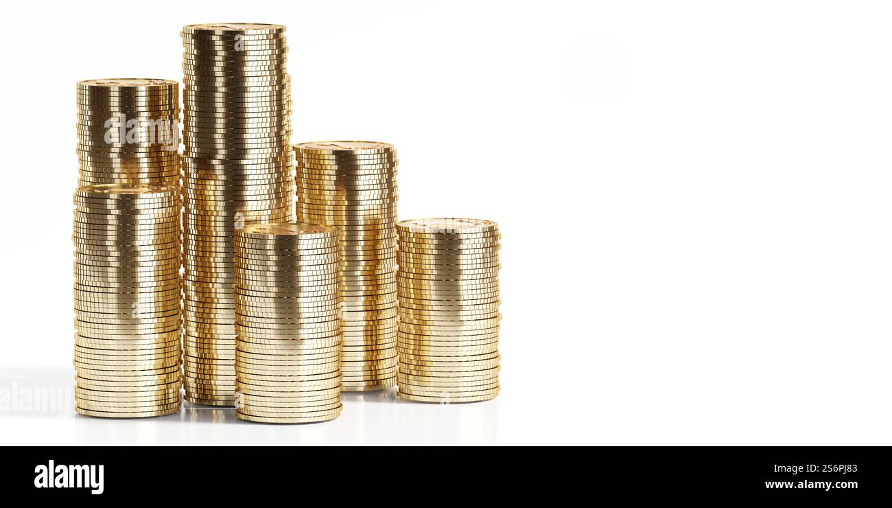 Golden coins isolated on white background - 3D illustration Stock Photo ...