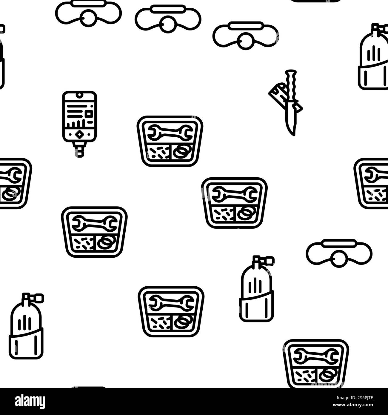 Diving Equipment And Accessories Vector Seamless Pattern Thin Line Illustration. Diving Equipment And Accessories Vector Seamless Pattern Stock Vector