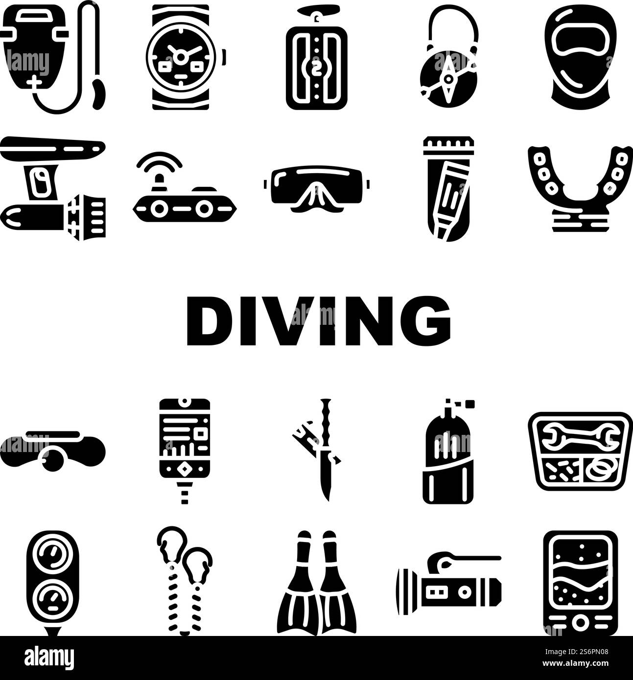 Diving Equipment And Accessories Icons Set Vector. Gps Beacon And Life ...