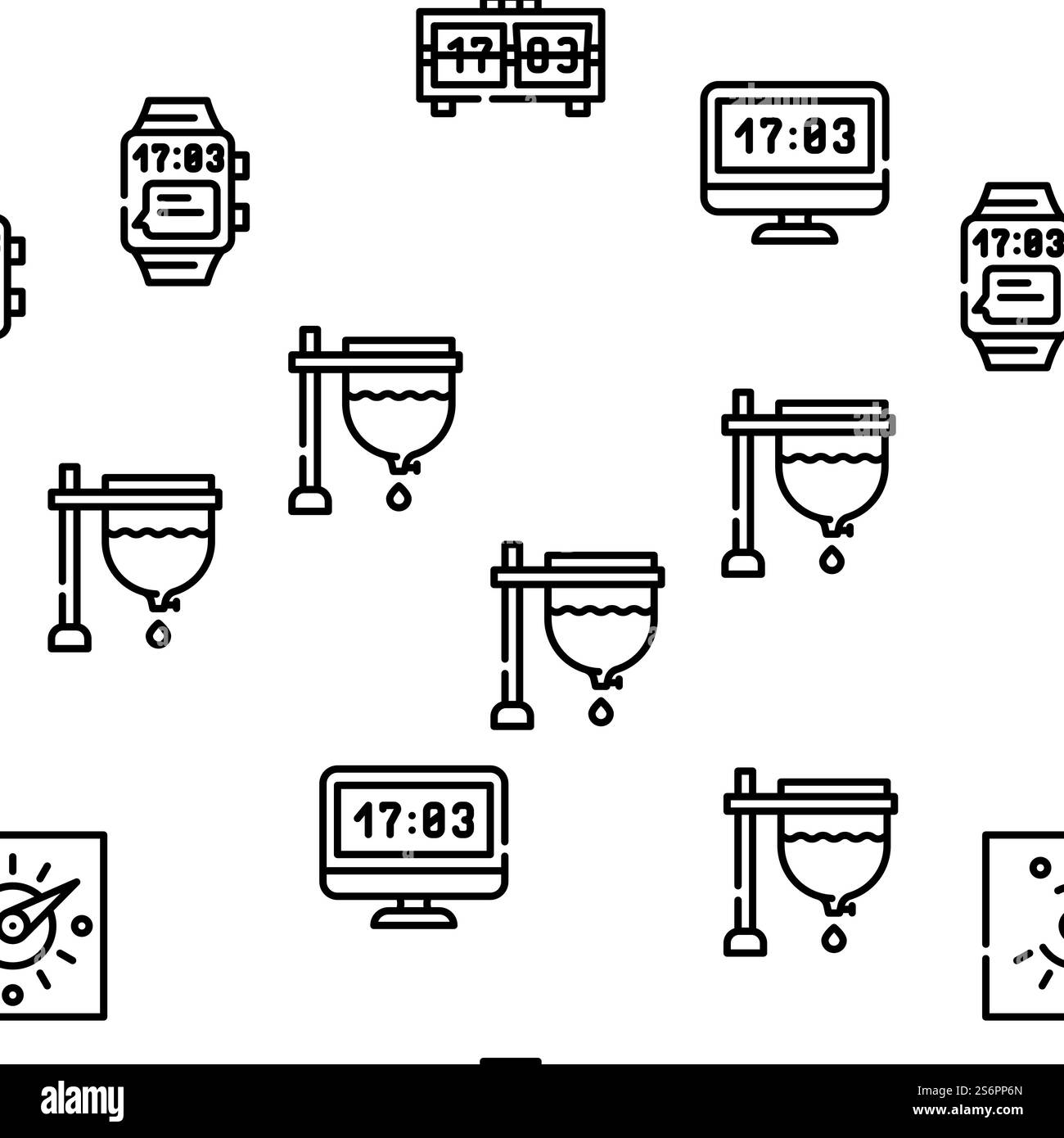 Clock And Watch Time Equipment Vector Seamless Pattern Thin Line Illustration. Clock And Watch Time Equipment Vector Seamless Pattern Stock Vector