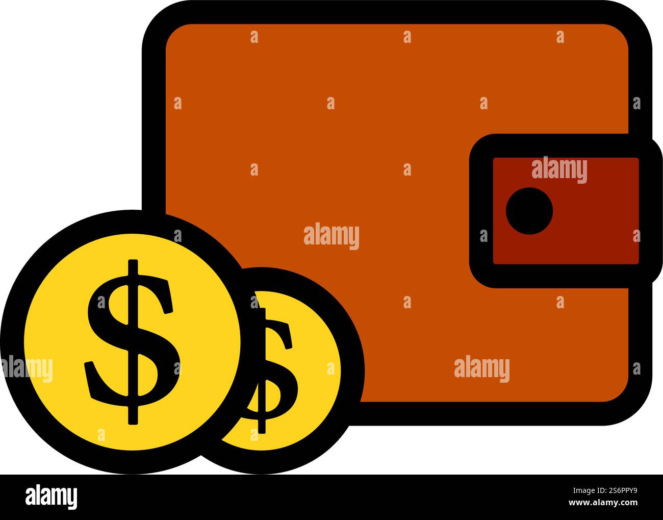 Two Golden Coins In Front Of Purse Icon. Editable Bold Outline With ...