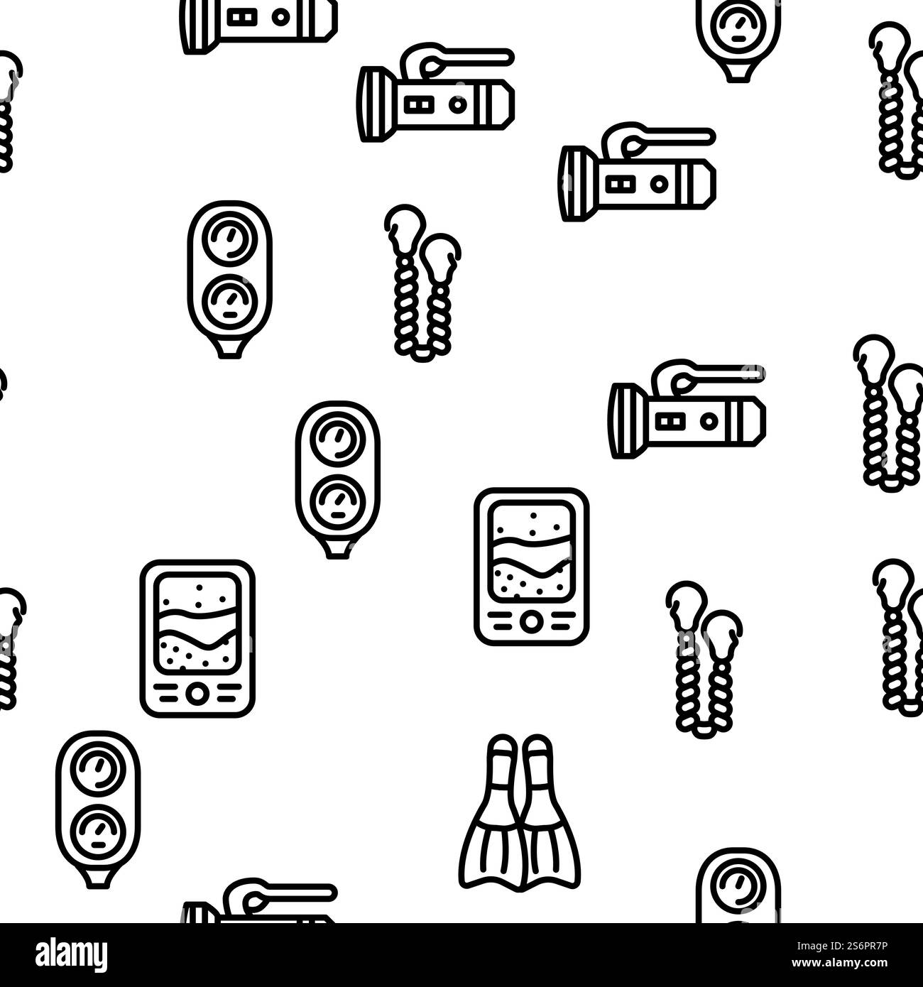 Diving Equipment And Accessories Vector Seamless Pattern Thin Line Illustration. Diving Equipment And Accessories Vector Seamless Pattern Stock Vector