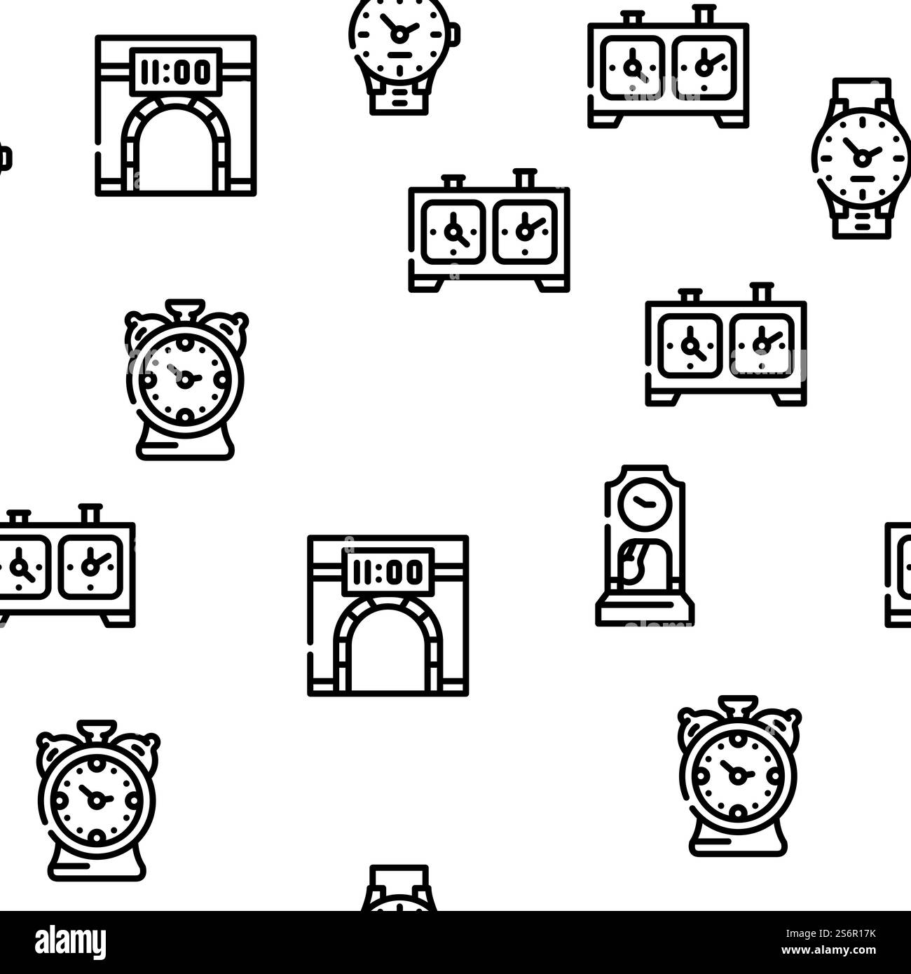 Clock And Watch Time Equipment Vector Seamless Pattern Thin Line Illustration. Clock And Watch Time Equipment Vector Seamless Pattern Stock Vector