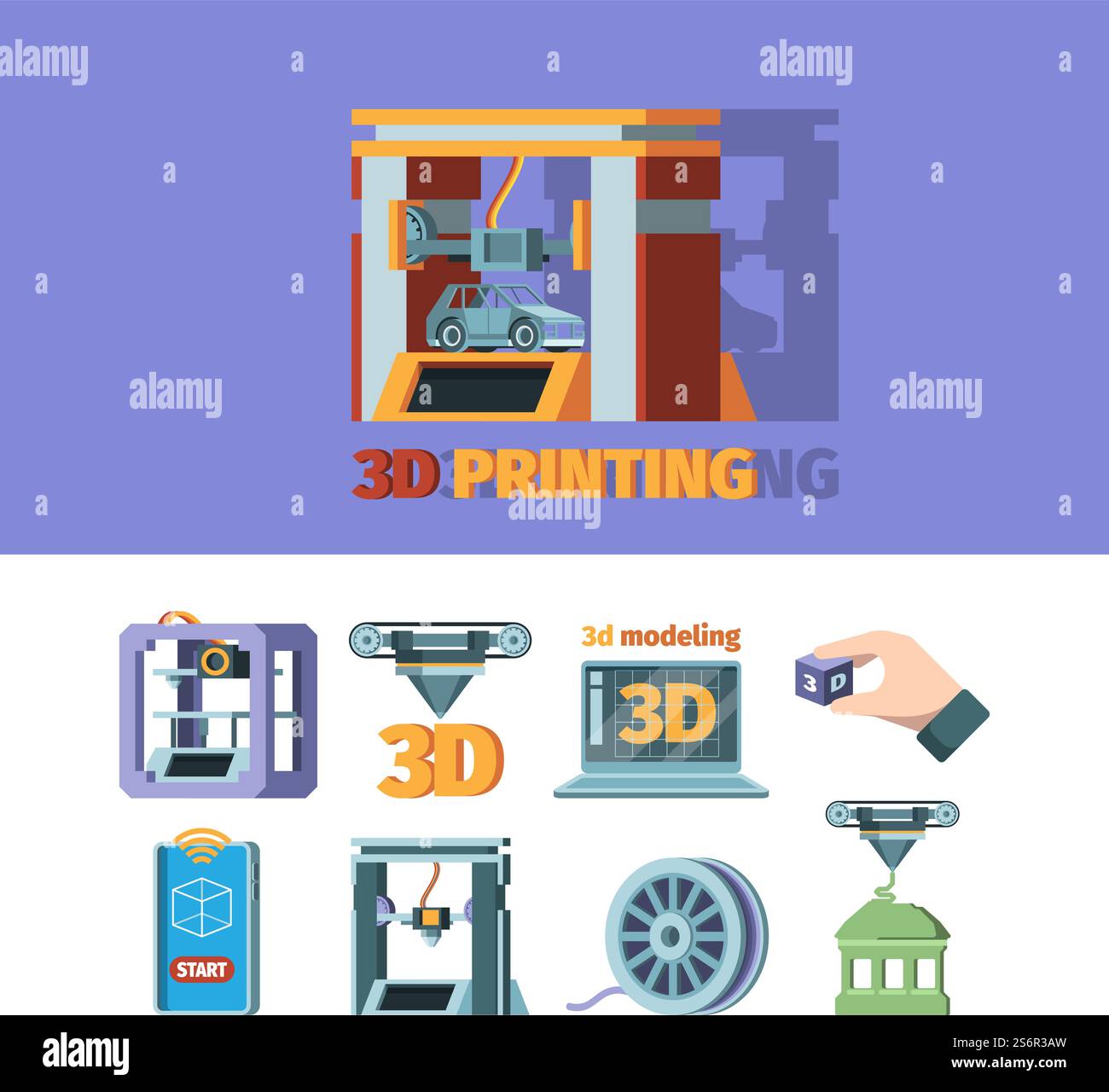 3d prints technology. Printing machine dimensional systems vector flat illustration. 3d machine printer prototype, technology model. 3d prints technology. Printing machine dimensional systems vector flat illustrations Stock Vector