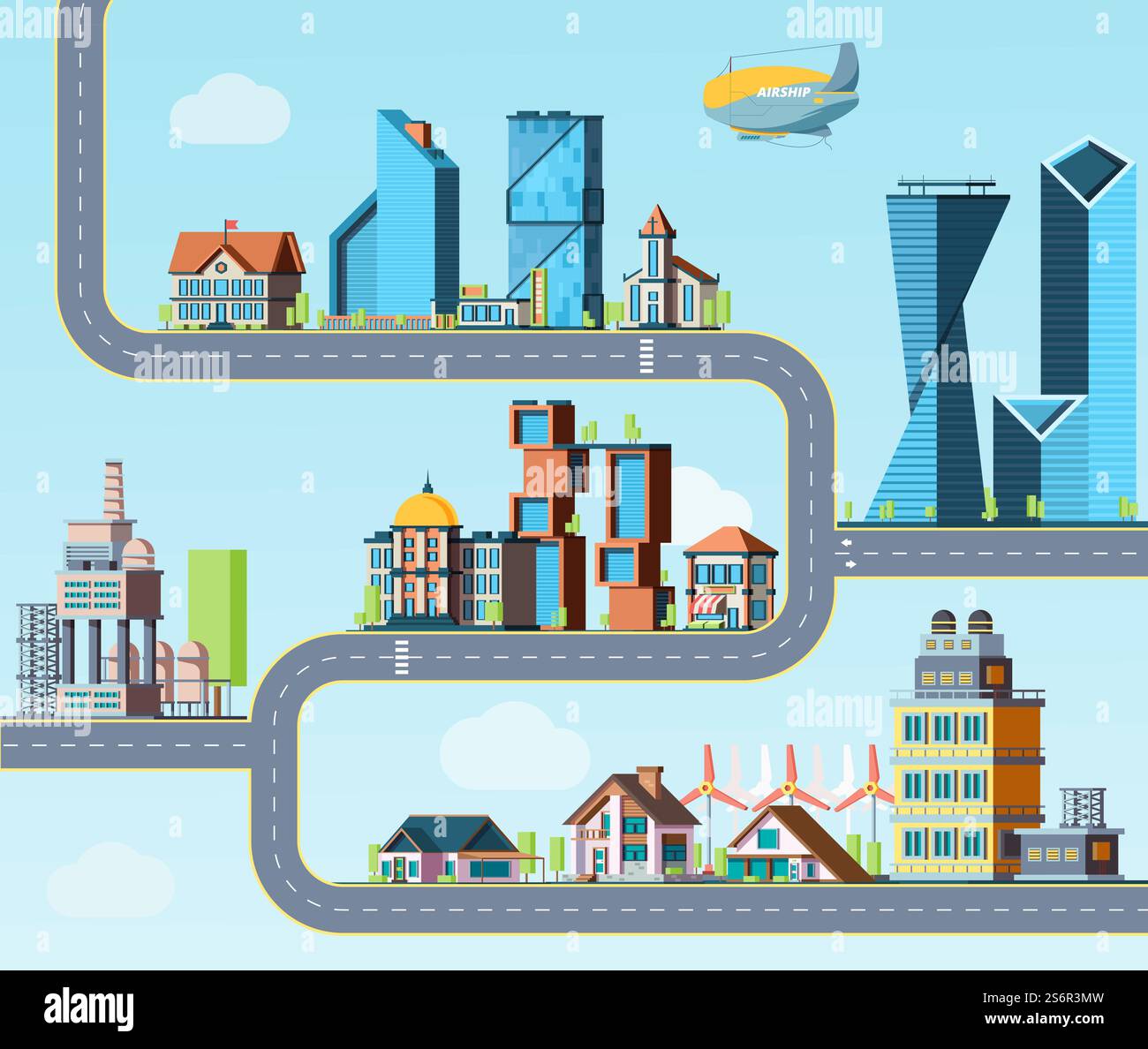 Kids road map. Top view highway with downtows, eco factory different ...