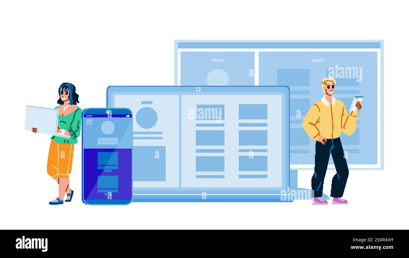 Adaptive Interface Developing Programmers Vector. Young Man And Woman Designers And Developers Making Adaptive Interface For Web Site. Characters Programming Internet Website Flat Cartoon Illustration. Adaptive Interface Developing Programmers Vector Stock Vector