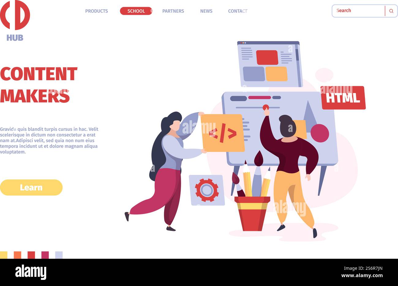 Programmers landing. Coders and web designers working freelancer persons garish vector template. Illustration programmer freelancer, workplace geek coding. Programmers landing. Coders and web designers working freelancer persons garish vector template Stock Vector