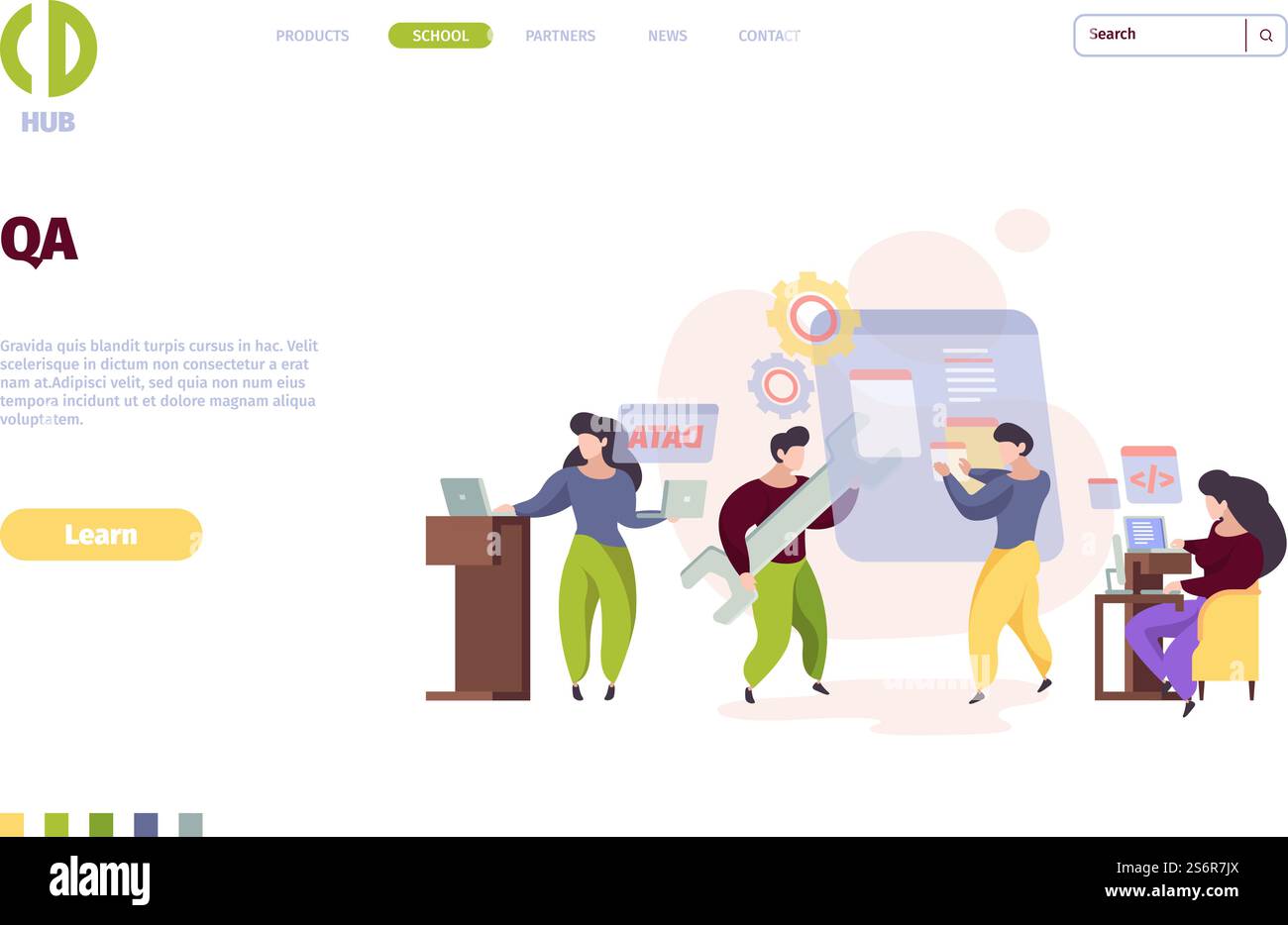Qa landing page. Web app testing software programming bugs fixing online prototype garish vector template. Software computer test, web bug illustration. Qa landing page. Web app testing software programming bugs fixing online prototype garish vector template Stock Vector