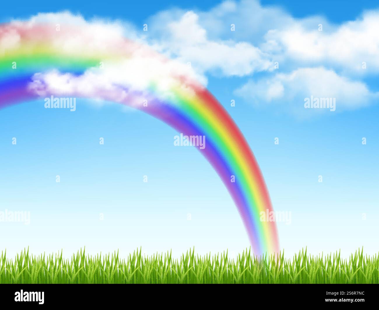 Sunny background. Green grass blue sky with clouds and rainbow decent ...