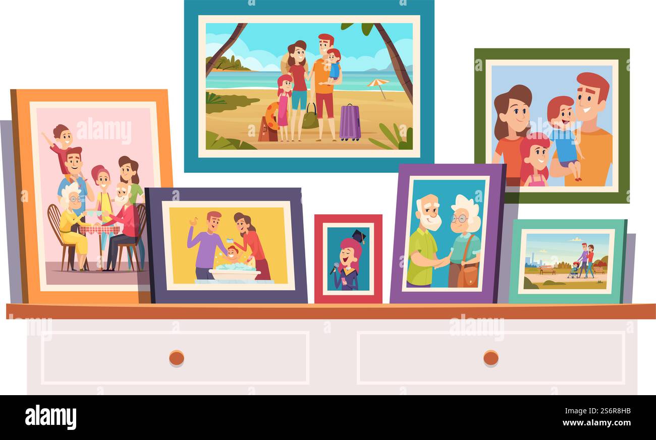 Family photos. Memories photo with smiling people father mother kids ...