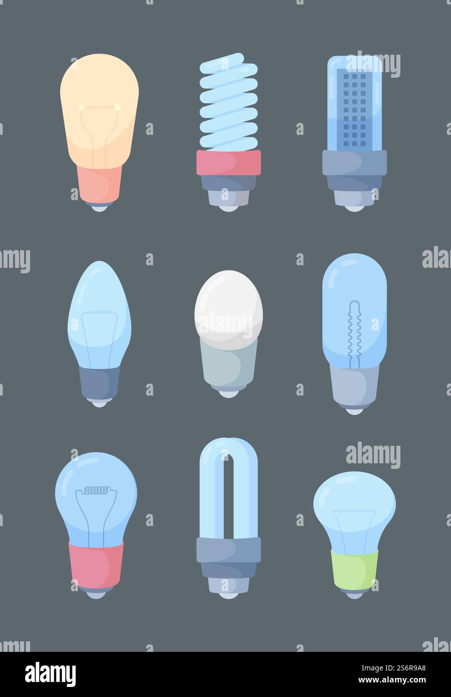 Light bulbs collection. Electric light simple flat style colored lamps ...