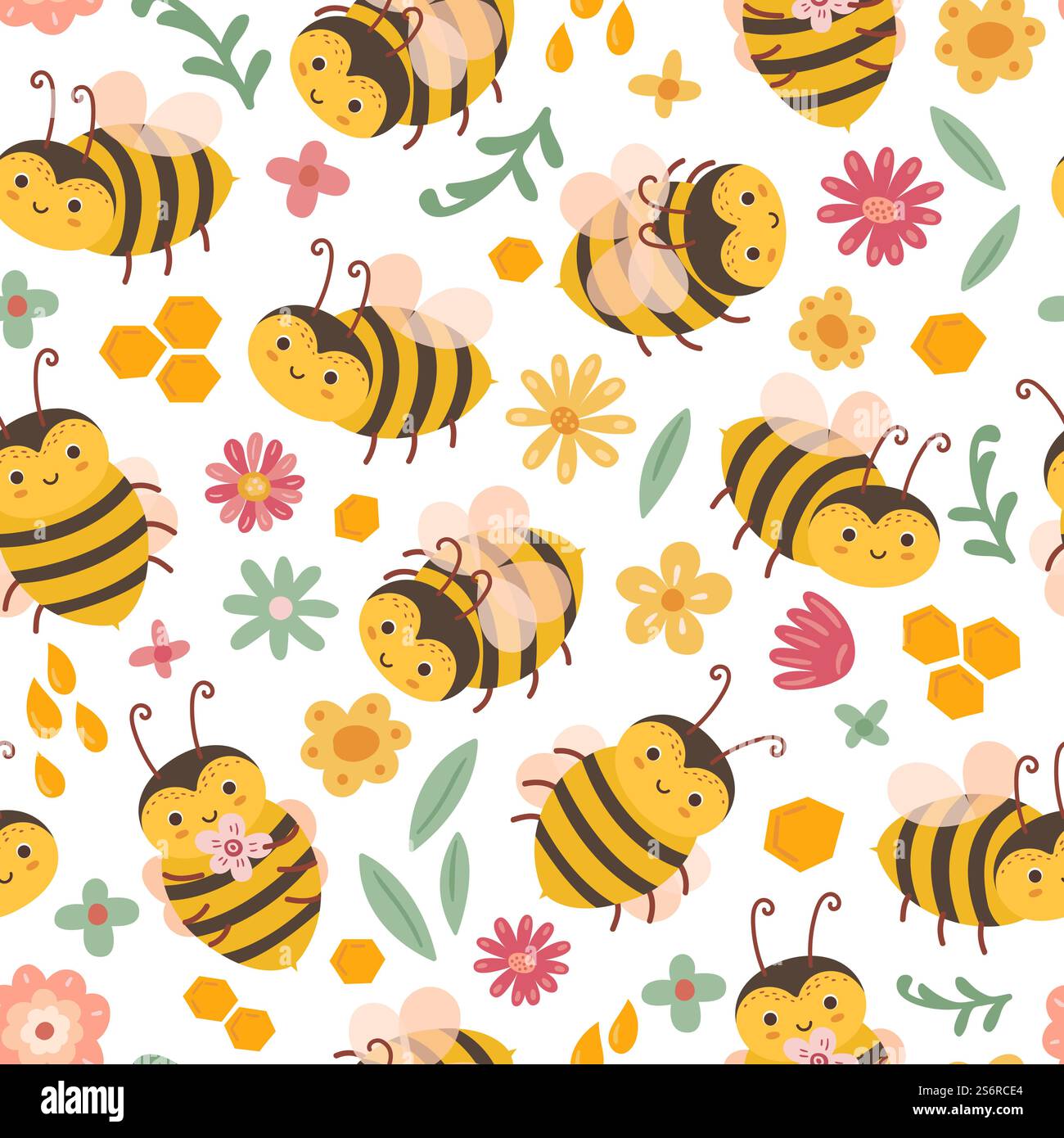 Cute bee pattern. Bees and flowers, cartoon flying insects. Art textile ...
