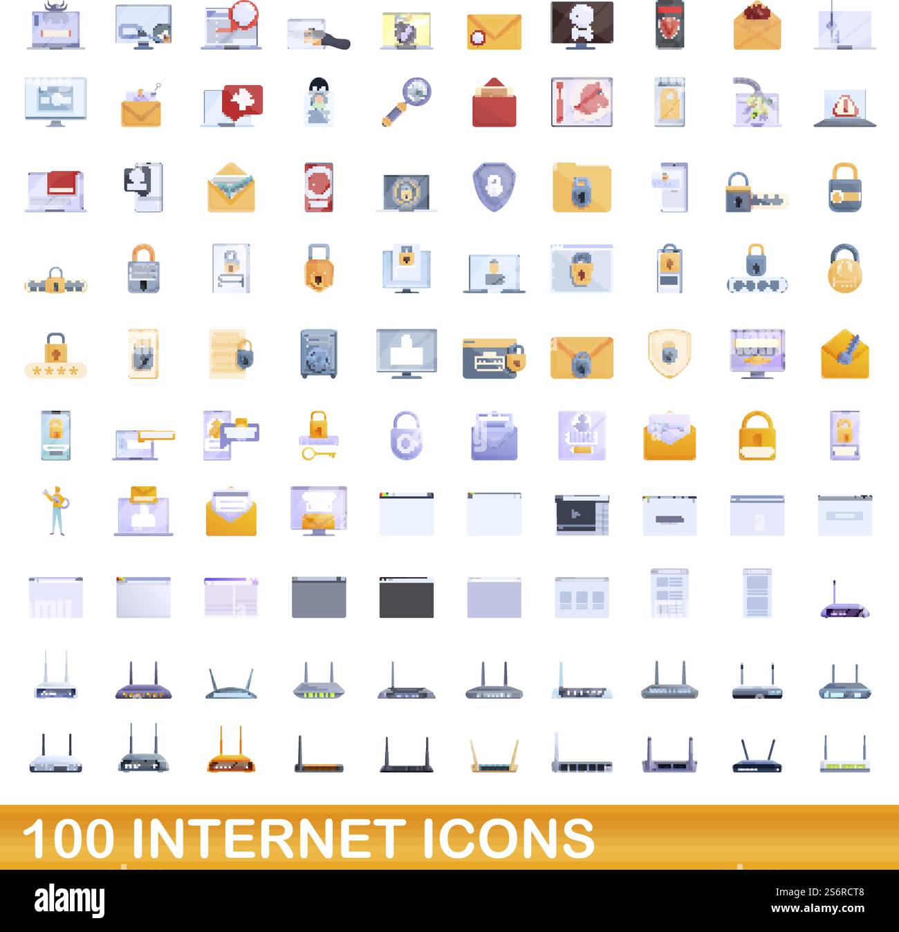 100 internet icons set. Cartoon illustration of 100 internet icons ...