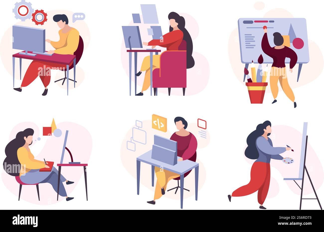 Programmers characters. Web codders designers working testers mailing writers garish vector illustrations of stylized people. Illustration coder work, programmer development. Programmers characters. Web codders designers working testers mailing writers garish vector illustrations of stylized people Stock Vector