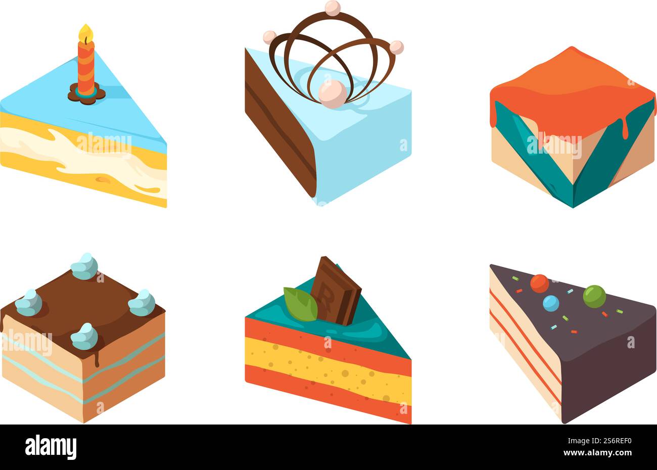 Cake pieces. Delicious isometric sweets tasty food birthday glazed gourmet products garish vector colored illustrations. Cream piece pie, homemade cheesecake delicious. Cake pieces. Delicious isometric sweets tasty food birthday glazed gourmet products garish vector colored illustrations Stock Vector