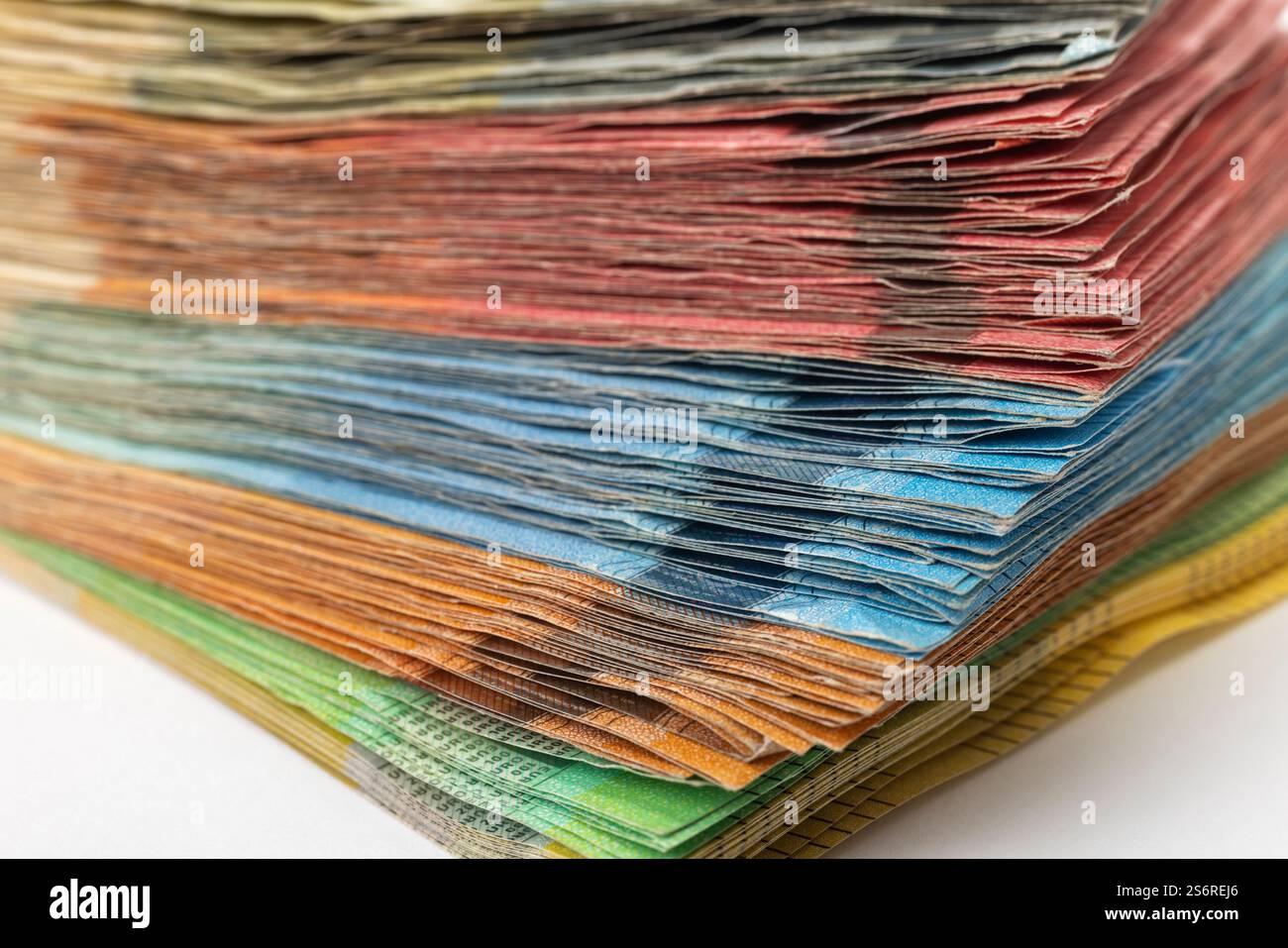 Stacks of euro bills, 5 euro bills, 10 euro bills, 20 euro bills, 50 euro bills, 100 euro bills, 200 euro bills, total 5000 euros, detail, Stock Photo