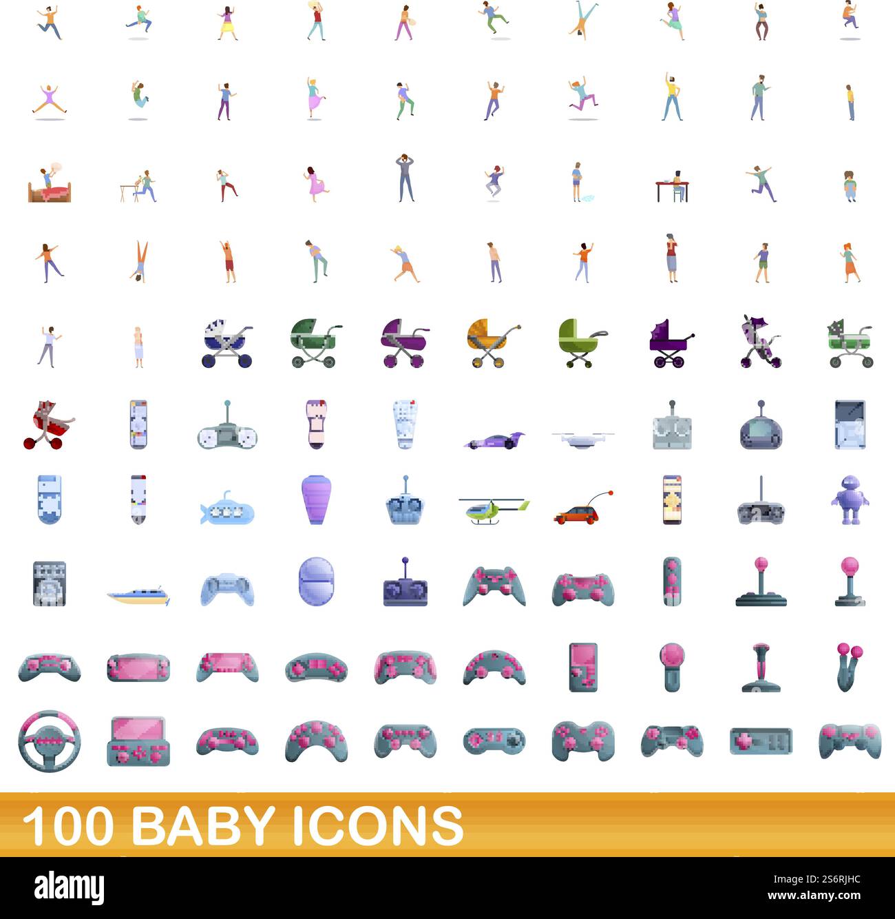 100 baby icons set. Cartoon illustration of 100 baby icons vector set isolated on white background. 100 baby icons set, cartoon style Stock Vector