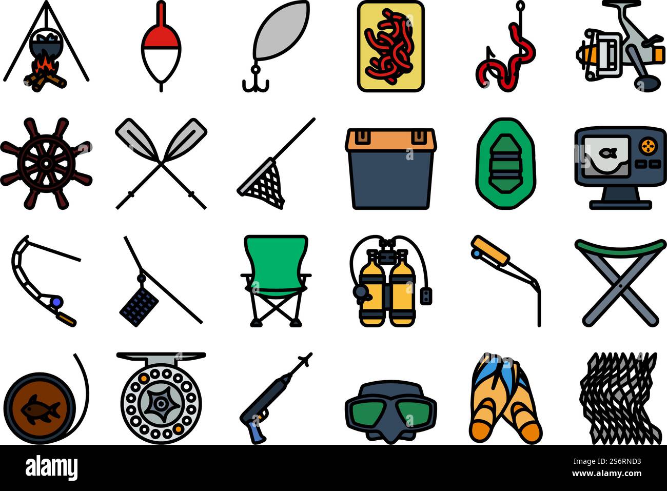 Fishing Icon Set. Editable Bold Outline With Color Fill Design. Vector ...