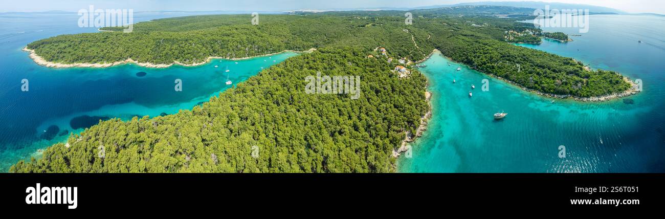 Aerial view of Rab Island beautiful coast in Dalmatia region of Croatia ...