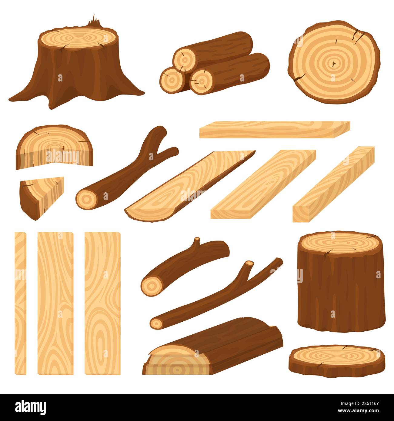 Cartoon wood logs. Material wooden timber, cracks tree log. Stump and trunk, cracked surface. Vintage isolated plank pile piece recent vector set. Wood timber, firewood stump, log wooden illustration. Cartoon wood logs. Material wooden timber, cracks tree log. Stump and trunk, cracked surface. Vintage isolated plank pile piece recent vector set Stock Vector