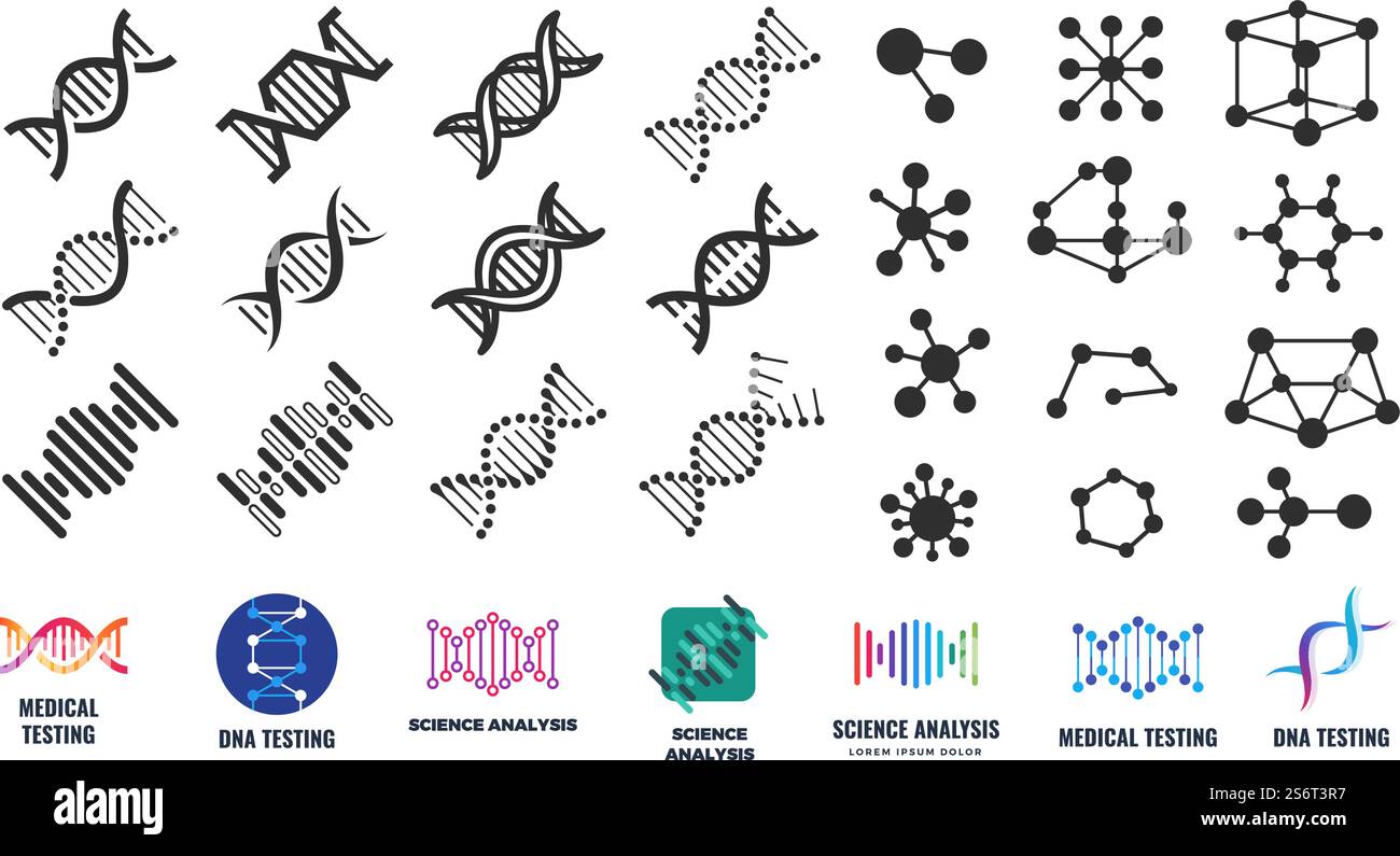 DNA molecular structure. Molecule icons, lab signs. Chemical medical ...
