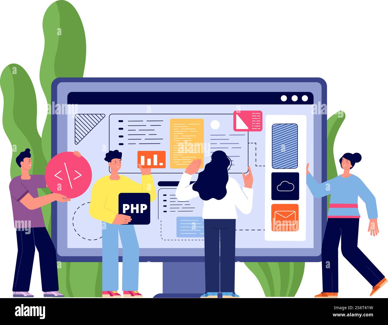 Web app developers. Web illustrations developer, website interface development. People hold software banners, programmers team utter vector concept. Web development and programming. Web app developers. Web illustrations developer, website interface development. People hold software banners, programmers team utter vector concept Stock Vector