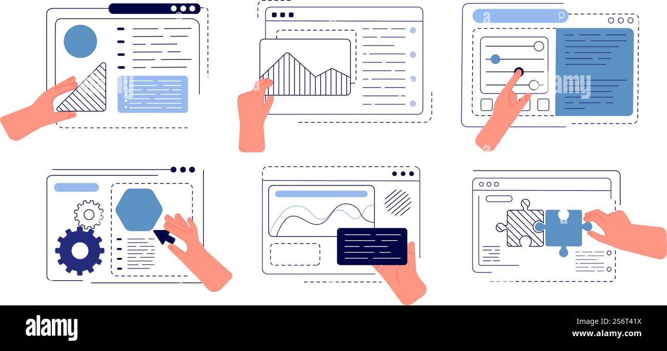 Hands programming app. Engineering apps, ui hand creating. Build application, creative team creation work project. Web designer vector. Ui app process programming, development project illustration. Hands programming app. Engineering apps, ui hand creating. Build application, creative team creation work project. Web designer utter vector concept Stock Vector