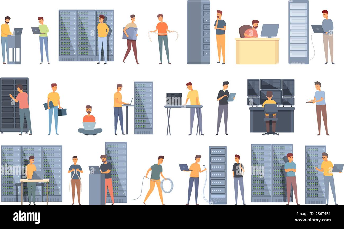 System administrator icons set cartoon vector. Maintenance server. Data computer. System administrator icons set cartoon vector. Maintenance server Stock Vector