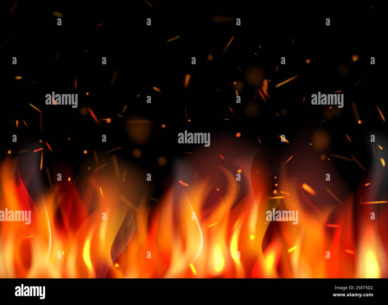 Fire background. Burning flame particles different glowing sparks ...
