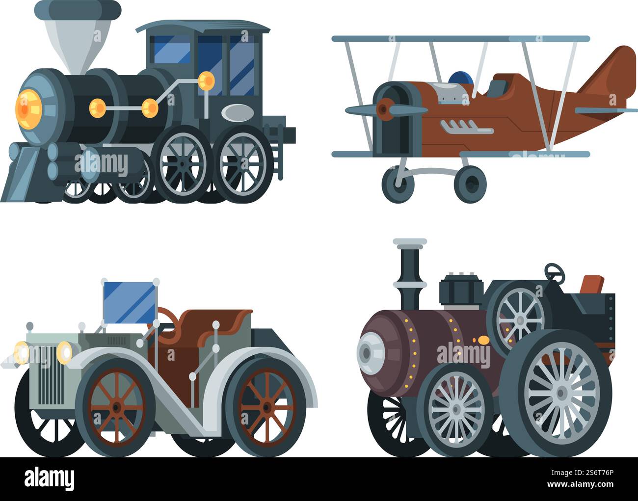 Vintage transport. Old retro passenger cars locomotive trucks carriage train airplanes garish vector flat vehicles collection. Illustration locomotive railway, train and car old vintage. Vintage transport. Old retro passenger cars locomotive trucks carriage train airplanes garish vector flat vehicles collection Stock Vector