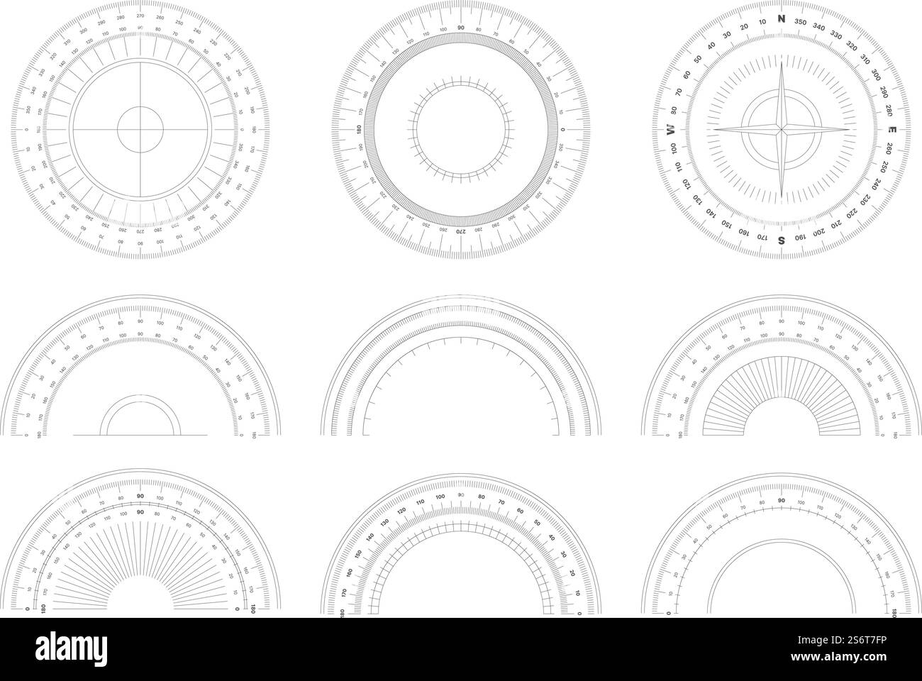 Protractor. 360 degree measurement shapes with numbers and symbols circular shapes of scale goniometer garish vector templates set. Protractor measure degree, math and geometry illustration. Protractor. 360 degree measurement shapes with numbers and symbols circular shapes of scale goniometer garish vector templates set Stock Vector