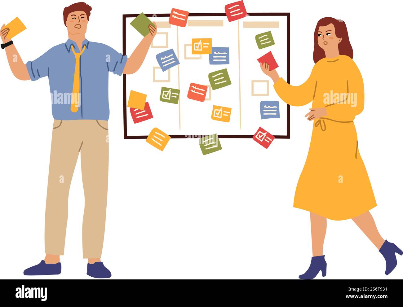 Office task board. Teamwork, overworking managers with lists. Time management, business development or fail targets vector concept. Teamwork board and meeting management illustration. Office task board. Teamwork, overworking managers with lists. Time management, business development or fail targets vector concept Stock Vector