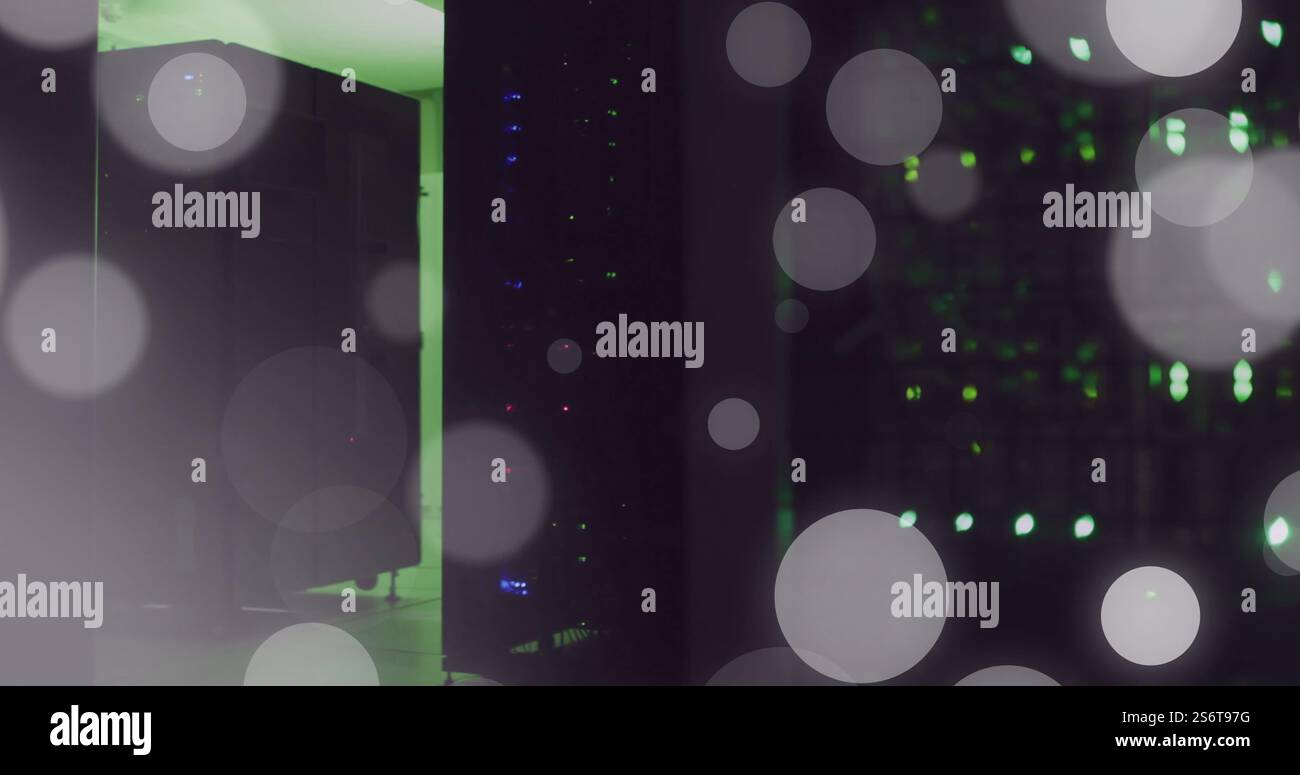 Image of spots of light and data processing over computer servers Stock Photo