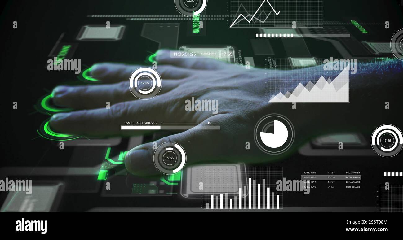 Image of data processing over hand being scanned Stock Photo