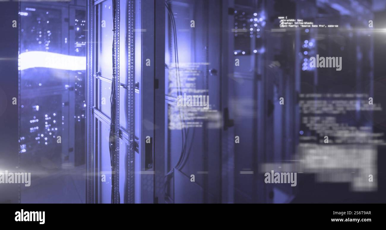 Digital code and data processing image over server racks in data center ...