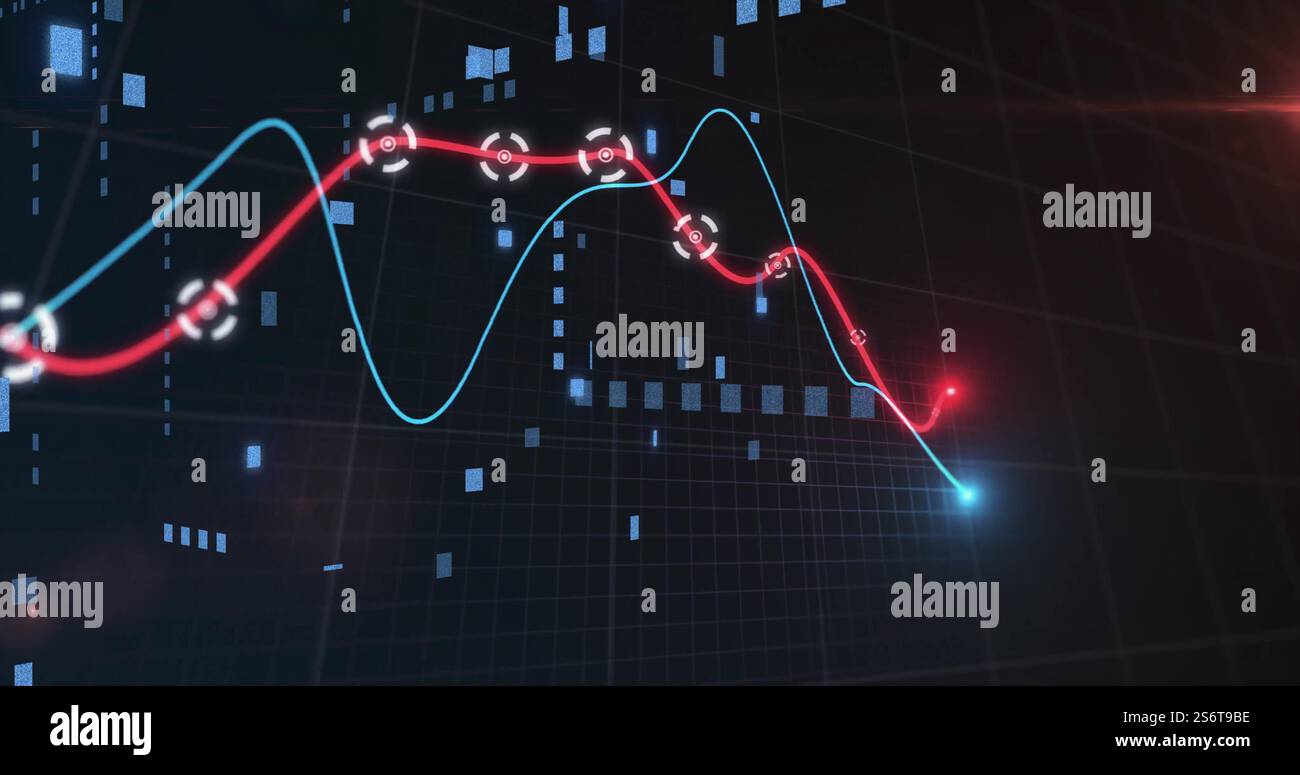 Red and blue fluctuating lines with data points over digital grid image Stock Photo
