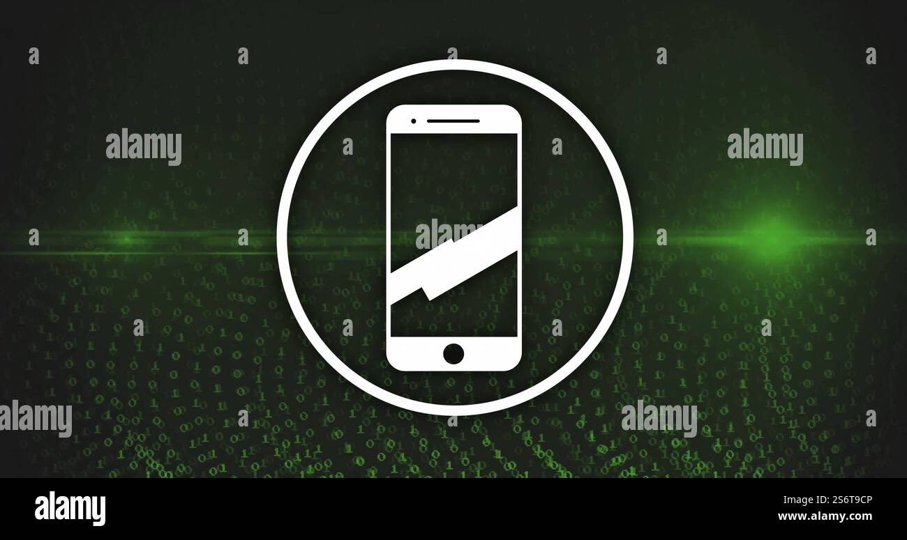Smartphone icon inside circle over green binary code image Stock Photo