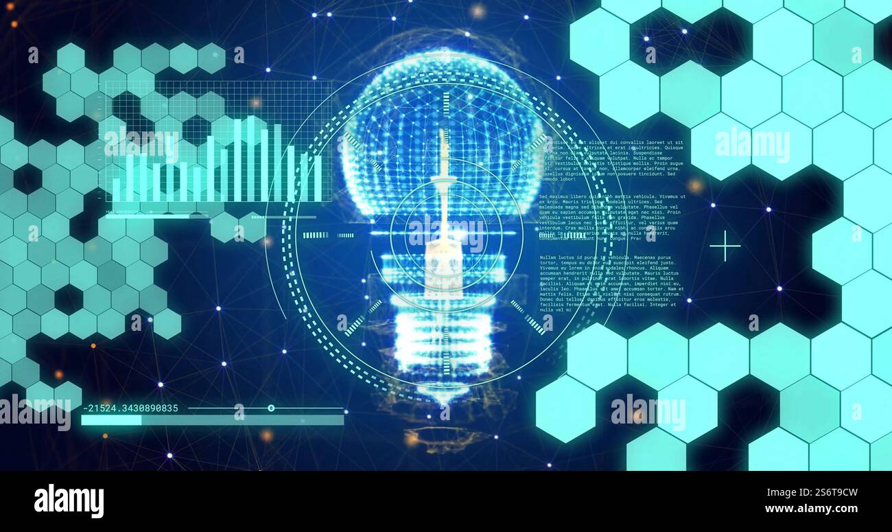 Light bulb and data charts image over hexagonal shapes and digital ...