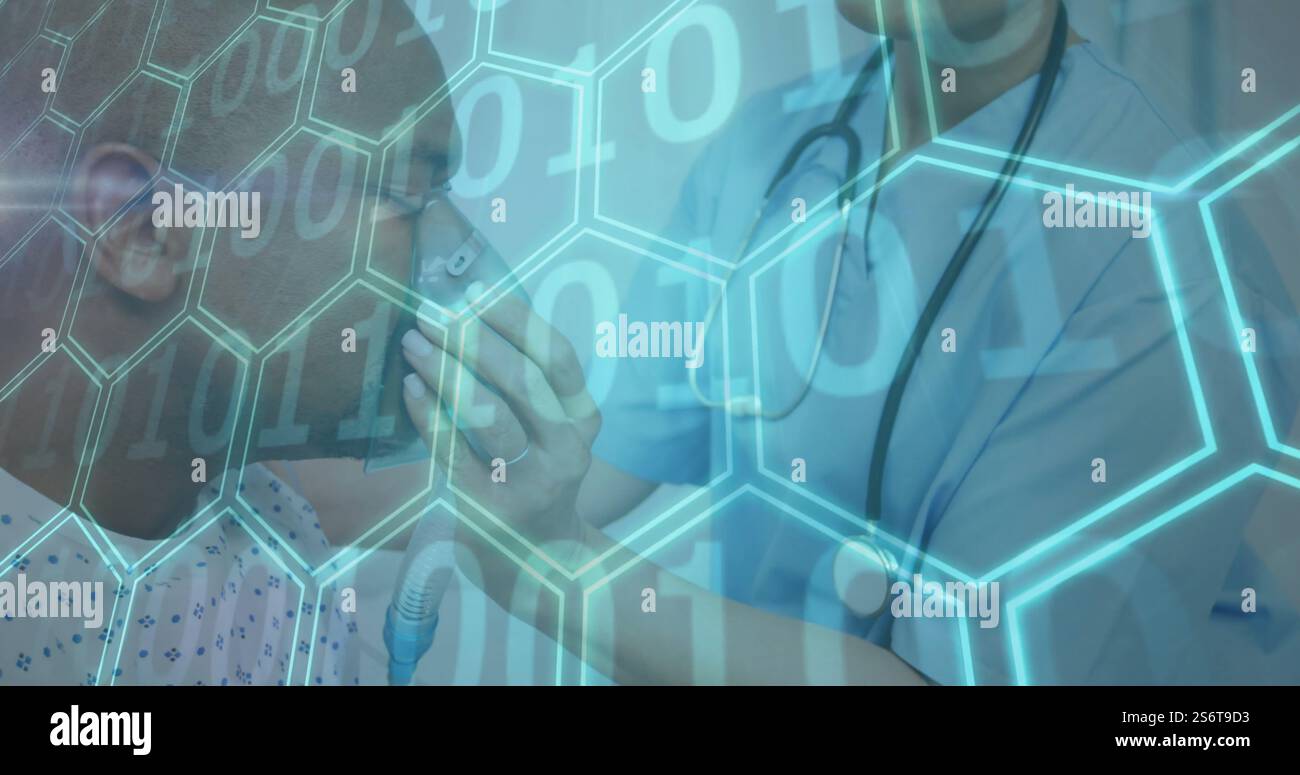 Image of binary coding data processing over diverse female doctor and male patient Stock Photo