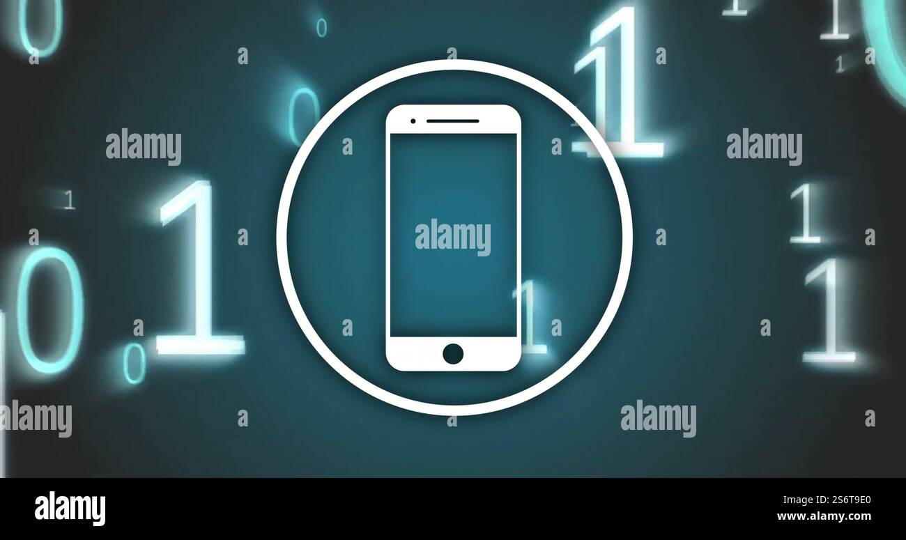 Smartphone icon with binary code image over dark blue background Stock Photo