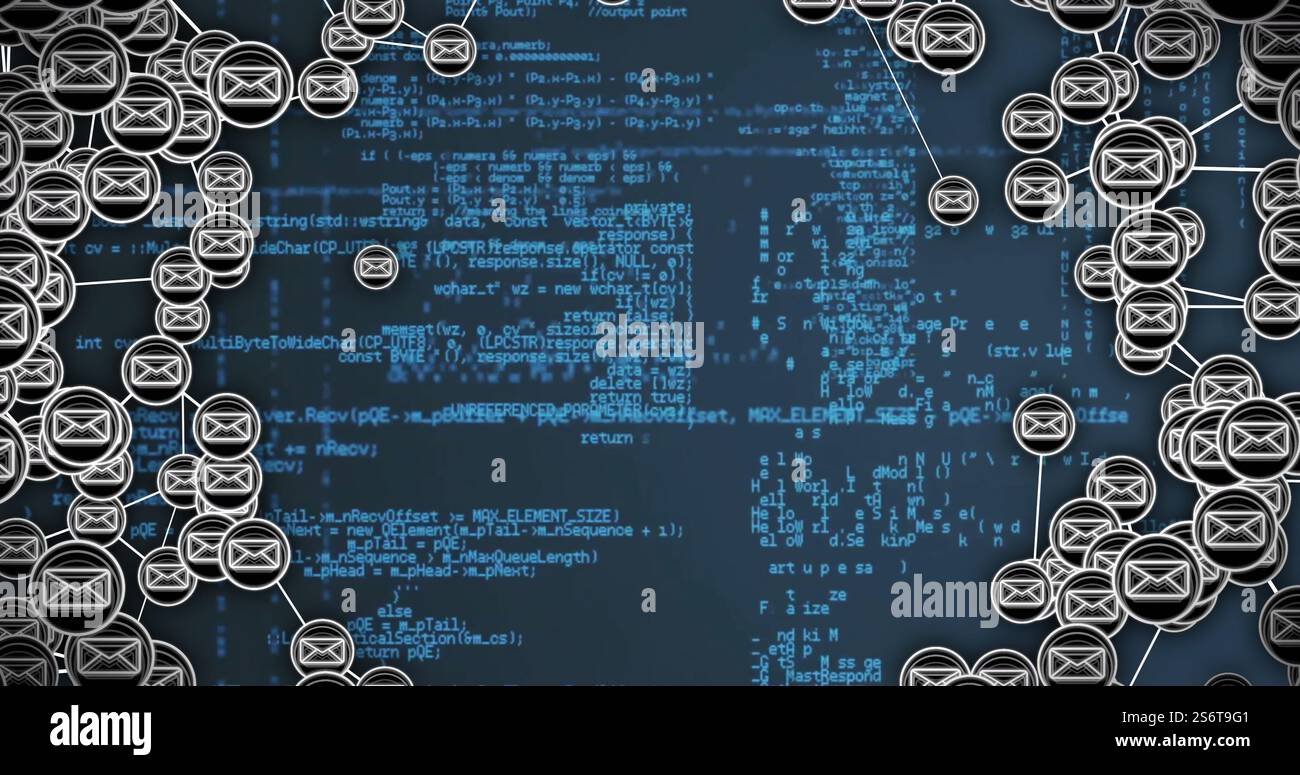 Computer code and network connections, data processing image over blue ...