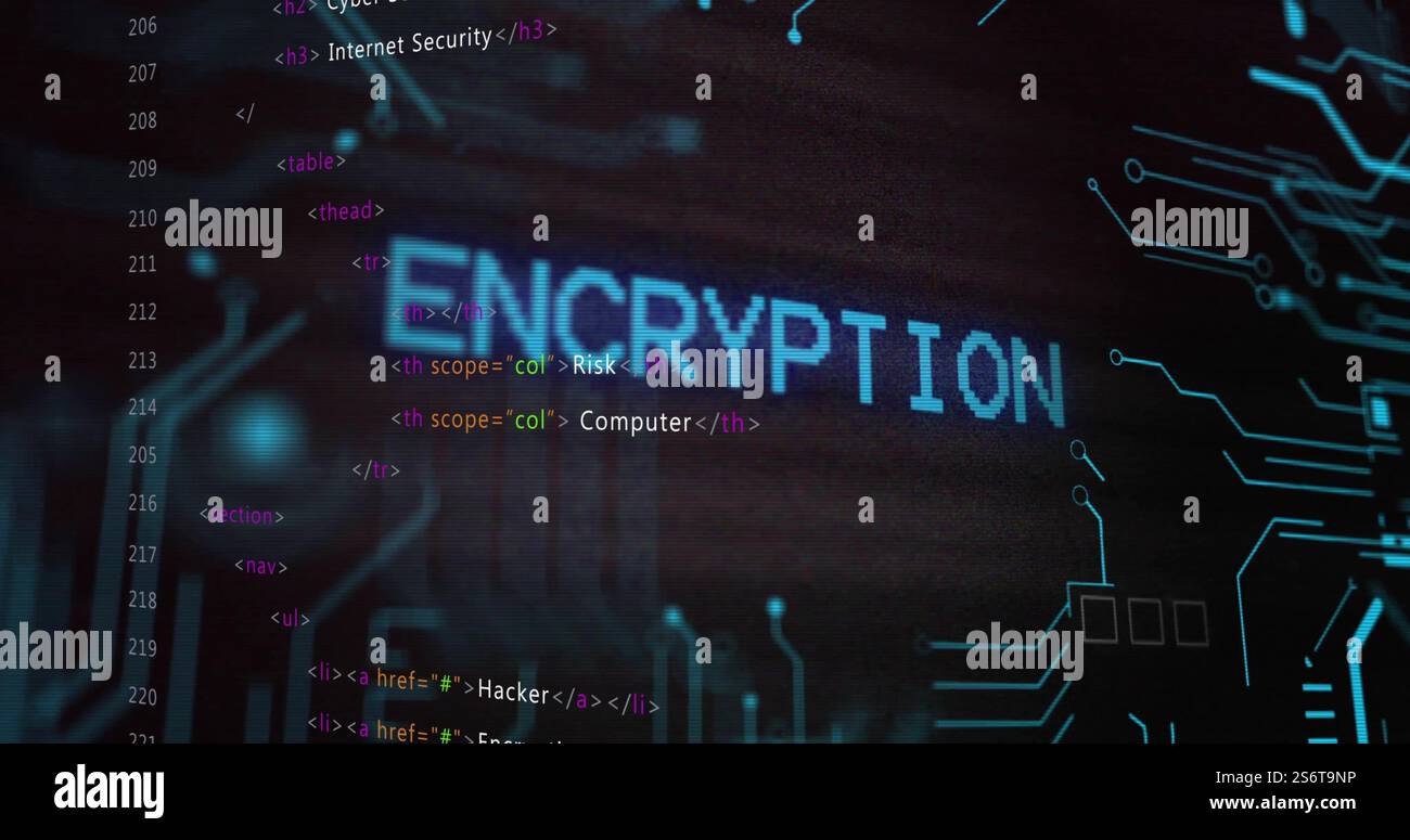 Image of encryption text over data processing on black background Stock Photo