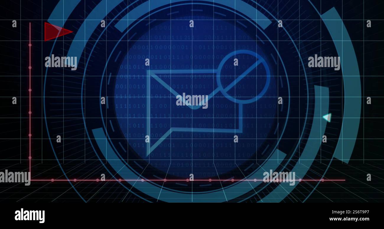 Image of digital data processing over envelope icon on black background Stock Photo